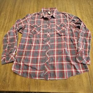 Duluth Trading Flannel Shirt Women XXL 2XL Button Up Long Sleeve Red Grey Plaid